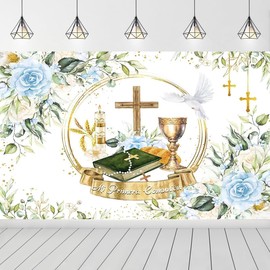 Holy Bible God Bless Backdrop for Photoshoot Gold Grail Cross Peace Dove Party Decoration First Holy Communion Baptism Birthday Backdrop Mi Primera Comunion Christening Party Background (7X5FT)