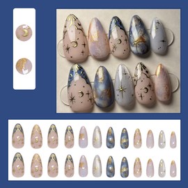 24 Pcs Press on Nails Short Almond,MINGCHUN Fake Nails Press ons Acrylic Nail Art Tips Kit Full Cover False Nails Glue on Nails with Summer Starry Sky Gold Foil Glitter Design for Women Nail Supplies