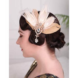 Anglacesmade 1920s Great Gatsby Headpiece Flapper Feather Hair Clip Crystal Teardrop Roaring 20s Accessories Prom Party Festival Gatsby Hair Jewelry for Women and Girls