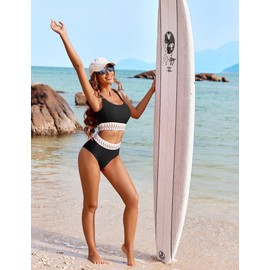 AI'MAGE Womens High Waisted Bikini Sets Tummy Control Sporty Bathing Suits Two Piece Swimsuits Black