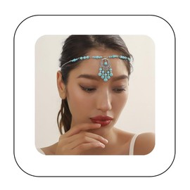 Rannyrena Vintage Boho Turquoise Beaded Forehead Chain Delicate Bead Ball Tassel Pendant Head Chain Bohemian Gypsy Belly Dance Party Costume Headband Headpiece for Women (Blue)