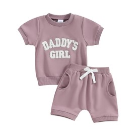 Ursobutegl Daddys Girl Toddler Baby Girls Short Set Letter Printed Sweatshirt T-shirt Top Shorts Summer 2pcs Outfits (Purple, 18-24 Months)