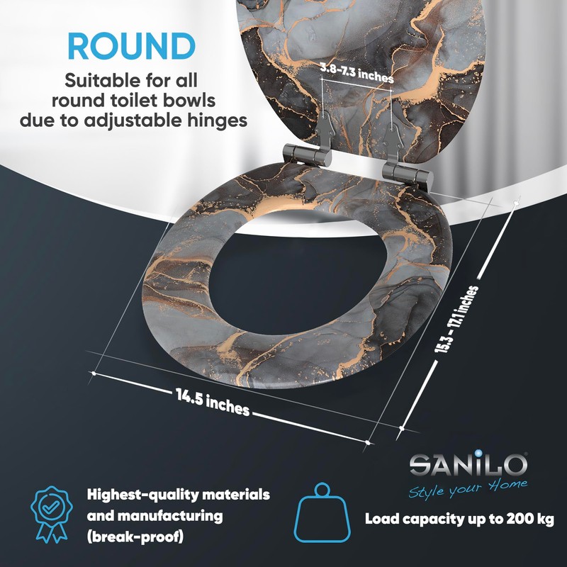 SANILO Wooden Toilet Seat with Soft Close [ROUND] - Decorative,