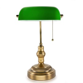 ASOKO Traditional Bankers Lamp, Brass Base, Handmade Emerald Green Glass Shade,Vintage Office Table Light, Antique Style Desk Lamps for Office, Library, Study Room (Brass)(No Bulbs Included)