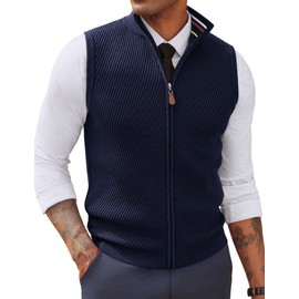 PJ PAUL JONES Men's Sweater Vest Full Zip Twill Textured Sleeveless Vests Stand Collar Casual Wear Navy Blue, S