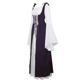 Womens Renaissance Cosplay Costume Medieval Irish Over Dress and Chemise Boho Set Gothic High Waist Gown Dress Purple-XL