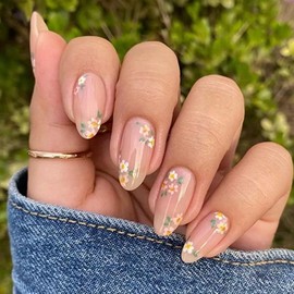 Press on Nails Almond Medium Fake Nails Flower False Nails with Daisy Floral Design Artificial Acrylic Nails Summer Glue on Nails Pink Stick on Nails for Women 24Pcs