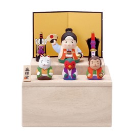 Yakushi Kiln Japanese Doll Tango no Sekku Mini Compact Palm Size Pottery Nishiki Momotaro (Includes Storage Paulownia Box Stand)