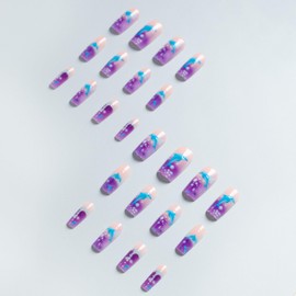 Summer Press on Nails Coffin Long Glue on Nail Lines Purple Gradient Dolphin Design Colorful Stick Fake Nails Coffin Nail Press Ons Glossy Acrylic False Nails for Girls Women 24PCS