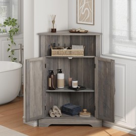 Smuxee Bathroom Corner Storage Cabinet, Farmhouse Floor Corner Cabinet with Barn Door and Adjustable Shelf, Wash Grey Narrow Cabinet Organizer for Bathroom, Living Room, Kitchen