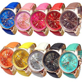 CdyBox Women Men Lady Teen Girl PU Leather Band Watches Roman Numerals Dial Analog Quartz Wristwatches (10 Pack)