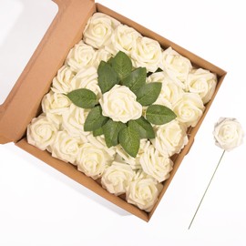Artificial Flowers Fake Roses Faux Peony Foam Gardenia Combo for DIY Wedding Bouquets Centerpieces Arrangements Bridal Shower Party Home Decorations (Off White 25pcs)