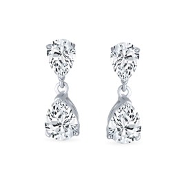 Elegant Classic Bridal Simple 5CT AAA Cubic Zirconia Clear Double Teardrop Shape Pear Shaped Solitaire CZ Earrings for Prom .925 Sterling Silver 8 mm Sizes, Sterling Silver, Cubic Zirconia