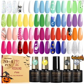ROSALIND 24Pcs Neon Gel Nail Polish Set with 4Pcs Base Gel Top Coat, Orange Blue Hot Pink Magenta Lemon Green Colors Nail Gel Polish Soak Off UV Manicure Rainbow Nail Art