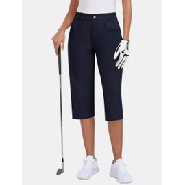 MoFiz Women's Capri Pants with Pockets Lightweight Cropped Hiking Golf Pants Summer Quick Dry Elastic Waist Capris Navy Blue L