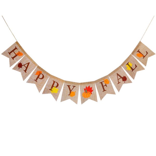 Happy Fall Pumpkin Burlap Banner, Borogo Thanksgiving Fall Happy Fall Burlap Banner Harvest Home Decor Bunting Flag Garland Party Thanksgiving Day Fireplace Decoration