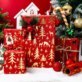 Yarcony Red Christmas Wrapping Paper, Gold Foil Christmas Gift Wrap, Recyclable Gold Foil Reindeer, Winter Tree Theme Thick Holiday Wrapping Paper for Seasonal Celebrations (17 Inch X 33 Feet)