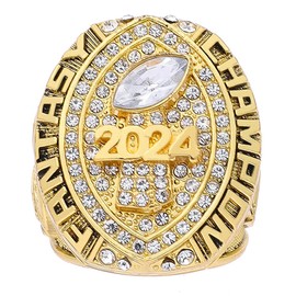 Fantasy Football Ring 2024 | Heavy FFL Champion Ring | Gold Silver Tone Plated Award Trophy for Fantasy Football League Winner (Ring and Stand Together, Size 14)