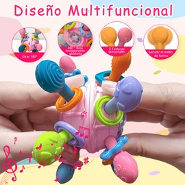 Sonajero Masticar Juguetes, STARFLY Juguetes Sensorial Goma de Dentición, Juguete Educativo Temprano Montessori, Alivia Las Molestias de la Dentición, Sonajero para Bebé de 3 a 18 Meses Rosa