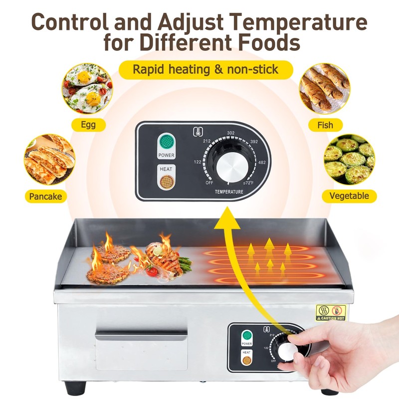 Takywep 14 inch Commercial Electric Griddle, 1500W Countertop Griddle, Non-Stick