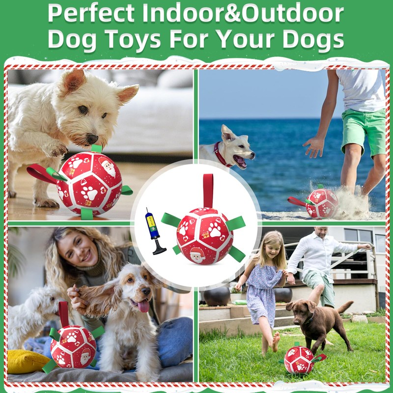 QDAN Christmas Dog Toys Soccer Ball with Straps, Outdoor Interactive
