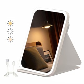 suonee 10 Inch HD Makeup Mirror with LED Lights, Portable Folding Travel Mirror, PU Leather Case, Rechargeable Dimmable Vanity Mirror for Professional Makeup Artist, Home (White)