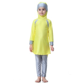 Fashion Girl Muslim Long Sleeve Long Pants Long Pants Swimwear Swimsuit Set (Yellow 100)
