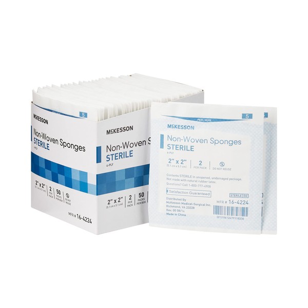 McKesson Non-Woven Sponges, Sterile, 4-Ply, Polyester/Rayon, 2 in x 2 in, 2 Per Pack, 1500 Packs, 3000 Total