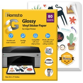 Vinyl Sticker Paper, Glossy Printable Sticker Paper for Inkjet Printer, Quick Drying, Water Resistant, Scratch Resistant, Sticks to Most Surfaces, 8.5 x 11 Inches, 80 Sheets