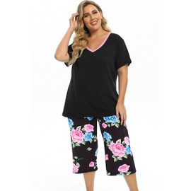 Vozanet Women's Pajamas Set Soft V Neck Sleepwear Top and Capri Pj Lounge Sets Plus Size Novel Floral Design Elegant Loungewear Capri Sets, Pink Blue Rose, 3X-Large