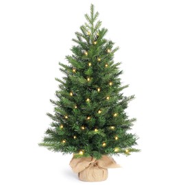 OasisCraft 30 inch Mini Christmas Tree, Tabletop Christmas Tree with Cloth Bag Base, Small Christmas Tree with LED Lights,Battery Operated, Green