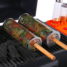 Rolling BBQ Grill Baskets, 2 Pieces, with Wooden Handle, Forks and Hooks, 304 Stainless Steel, Portable Nesting Strap Tools, BBQ Accessories, Outdoor Camping, Vegetables, Shrimp (2 x Round Improved)