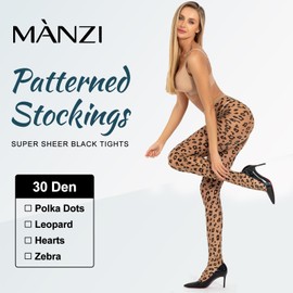 MANZI Women's Sheer Patterned Tights All-Over Polka-Dot Leopard Hearts Stockings 30 Denier Pantyhose Nylons