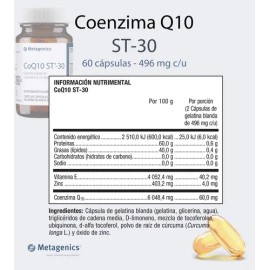 Metagenics Coq10 St-30 Coenzima Q10 Vit E Zinc 60 Caps Sin Sabor                                                                                      