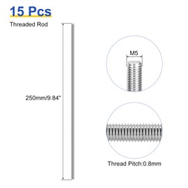 uxcell 15Pcs M5 x 250mm Fully Threaded Rod 304 Stainless Steel Right Hand Threads Bar Studs for Anchors Bolts, Clamps, Hangers and U-Bolts, 0.8 Thread Pitch