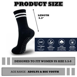 Popuid 6 Pairs Pilates Socks with Grips for Women, Non-Slip Yoga Striped Crew Socks for Barre Hospital Workout, Purple, 5.5-9