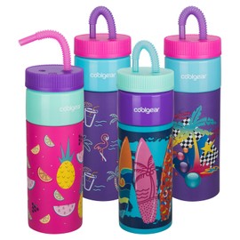 COOL GEAR 24oz Go Grip! Plastic Retro Squishy Water Bottle | Cute Printed Design, Foam Grip, Resealable Bendy Straw | Dishwasher Safe (Purple Printed Variety 4-Pack)
