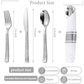 WELLIFE 50 Pack Silver Plastic Silverware with Pre Rolled Napkins,Wrapped Silverware Set Disposable,Includes:50 Forks, 50 Knives, 50 Spoons, 50 Napkins,Utensils Plastic Disposable
