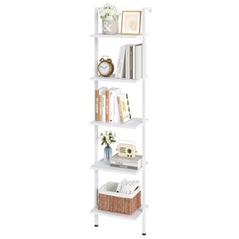 ELYKEN Ladder Shelf, White 5-Tier Wood Wall Mounted Bookshelf with Metal Frame, Modern Open Display Organizer Rack, Leaning Storage Shelves for Living Room, Bedroom, Home Office