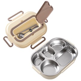 ZLLkeji Lunch Box Stainless Steel Adult Lunch Box with Compartments and Sealing Ring Lunch Box Children Leak-Proof with Spoon and Chopsticks Lunch Box Protable Bento Box Beige