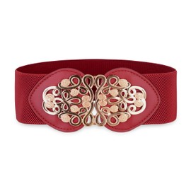 BlackButterfly Wide Cinch Stretchy Elastic Material Waistband Retro Gold Medusa Buckle Waist Belt, red