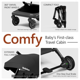 Bebehoo Lightweight Travel Baby Stroller, Foldable Portable Airplane Compact Umbrella Strollers for Toddler 1-3 Years (Full Canopy,Black)