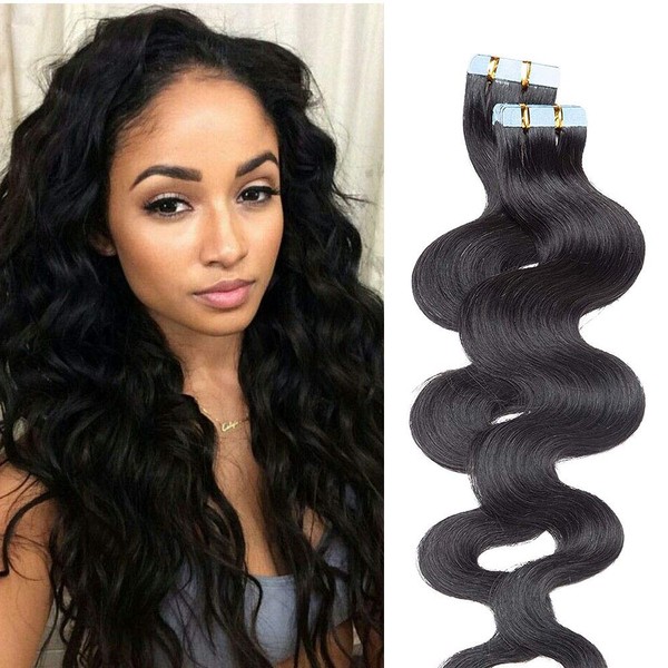 Tape Extensions Real Hair Pieces Real Hair Soft Natural Tape Hair Extensions 7A Human Hair Wavy Tape in Extensions Real Hair 50 g 50 cm #01 Raven Black 20 Pieces