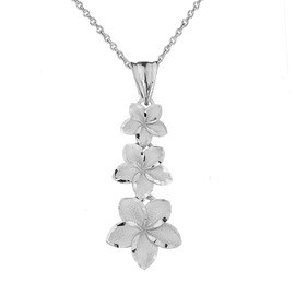 Elegant Sterling Silver Hawaiian Plumeria Flowers Charm Pendant Necklace, 16"