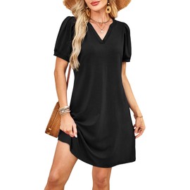 RUMIA V-Neck Summer Casual Sundress for Women- Puff Short Sleeve Swing Beach Dress with Pockets Black