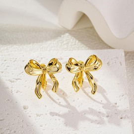 14K Gold Plated Bow Clip On Earrings Ribbon Earrings, Non Pierced Ribbon Bow Stud Earrings with Adjustable Screw for Women