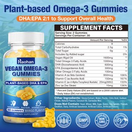 Omega-3 Gummies for Adults, Orange Flavor – Sugar-Free, Algae-Derived DHA 600mg & EPA 300mg, with Vitamins A, C, E, Zinc, 120 Gummies