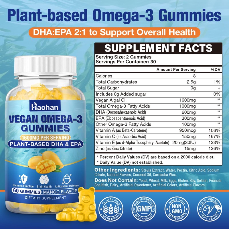 Omega-3 Gummies for Adults, Orange Flavor – Sugar-Free, Algae-Derived DHA