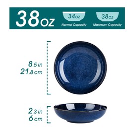 vancasso Stern Large Pasta Bowls Set of 4, 38 Oz Ceramic Salad Plate Bowls for Serving, Kitchen Stoneware Wide Bowls for Soup, Pasta, Salad, Cereals, Microwave Oven Safe, Reactive Glaze-Blue