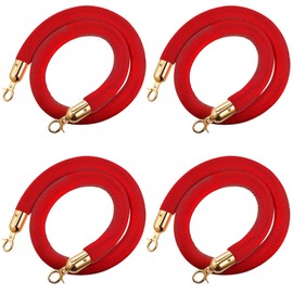 Hrokz 5 Ft Velvet Stanchion Ropes Red, 4 Pack Crowd Control Rope Safety Queue Barrier with Gold Hook, VIP Rope for Party Events Decor